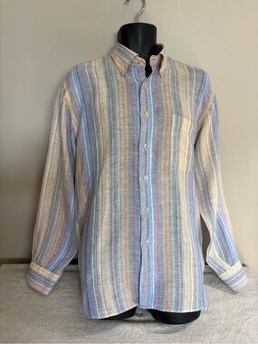 Mens INGRAM Pastel RAINBOW Striped ITALIAN LINEN Button-Down LONG Sleeve SHIRT L